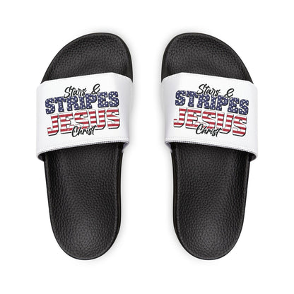 Patriotic Sandals for Women - Stars & Stripes Jesus Christ Slide Shoes, Summer Footwear, Holiday Gear, Vacation Slip-Ons - ClaimedbyGodDesigns