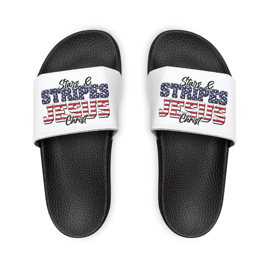 Patriotic Sandals for Women - Stars & Stripes Jesus Christ Slide Shoes, Summer Footwear, Holiday Gear, Vacation Slip-Ons - ClaimedbyGodDesigns