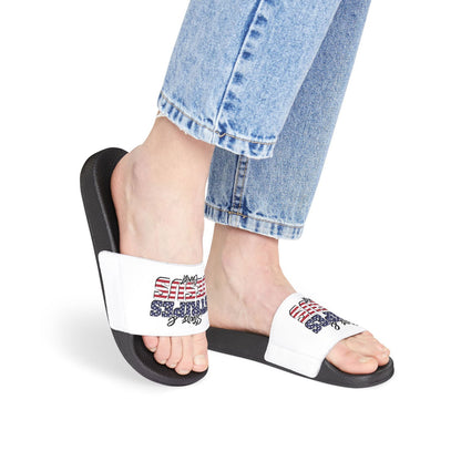 Patriotic Sandals for Women - Stars & Stripes Jesus Christ Slide Shoes, Summer Footwear, Holiday Gear, Vacation Slip-Ons - ClaimedbyGodDesigns