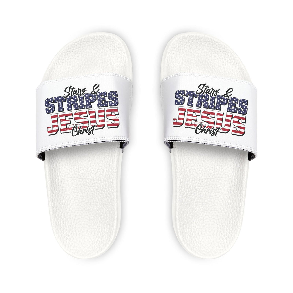 Patriotic Sandals for Women - Stars & Stripes Jesus Christ Slide Shoes, Summer Footwear, Holiday Gear, Vacation Slip-Ons - ClaimedbyGodDesigns