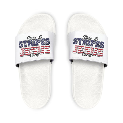 Patriotic Sandals for Women - Stars & Stripes Jesus Christ Slide Shoes, Summer Footwear, Holiday Gear, Vacation Slip-Ons - ClaimedbyGodDesigns
