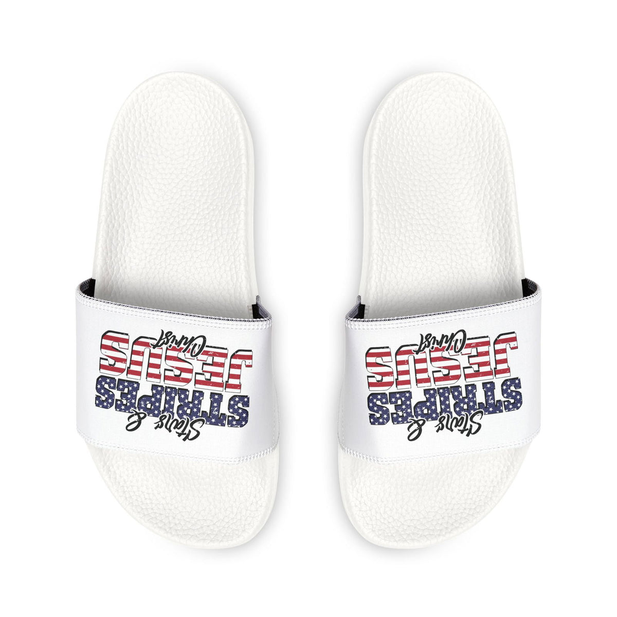 Patriotic Sandals for Women - Stars & Stripes Jesus Christ Slide Shoes, Summer Footwear, Holiday Gear, Vacation Slip-Ons - ClaimedbyGodDesigns