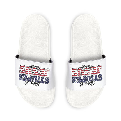 Patriotic Sandals for Women - Stars & Stripes Jesus Christ Slide Shoes, Summer Footwear, Holiday Gear, Vacation Slip-Ons - ClaimedbyGodDesigns