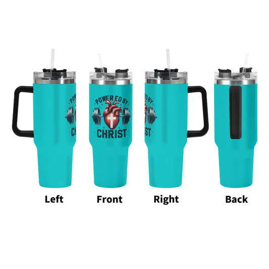 Powered By Christ 40oz Stainless Steel Christian Tumbler Gift With Black Handle and Straw - ClaimedbyGodDesigns