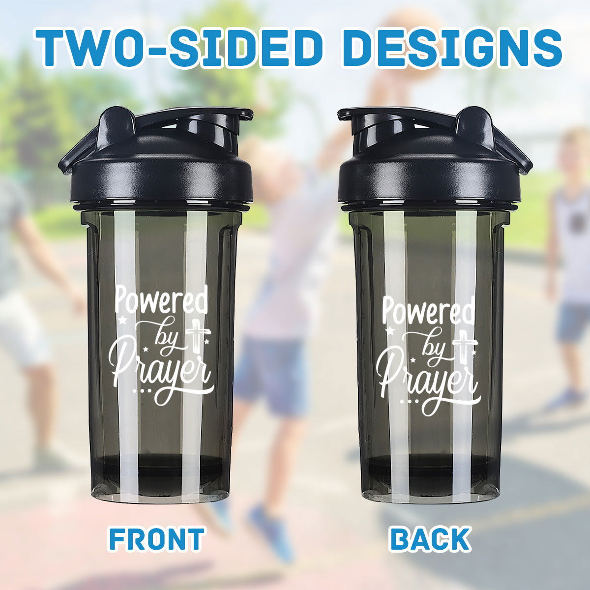 Powered By Prayer Christian Fitness Protein Shake Bottle - ClaimedbyGodDesigns
