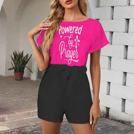 Powered By Prayer Christian Women's Belt Keyhole Back Short Sleeve Romper - ClaimedbyGodDesigns