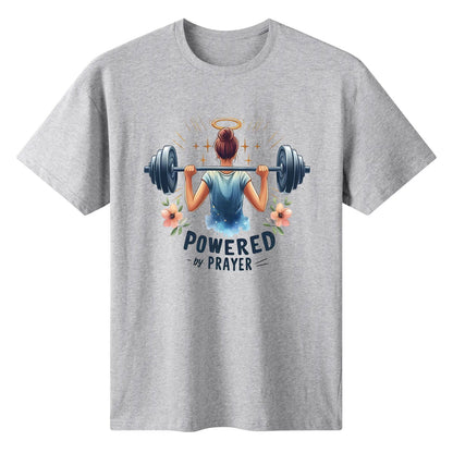 Powered By Prayer Womens Christian Gym T-shirt - ClaimedbyGodDesigns