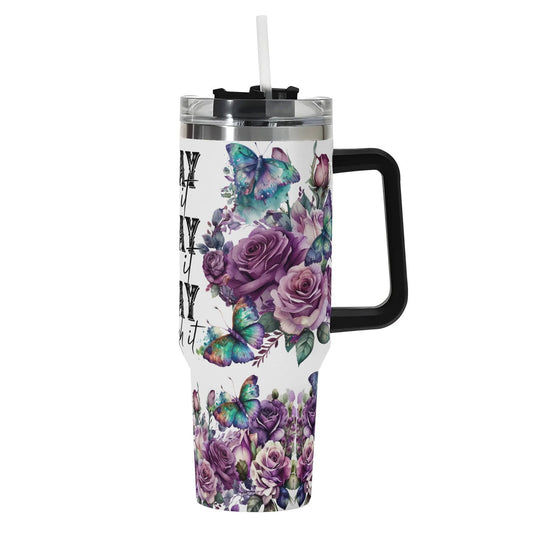 Pray On It Over It Through It  40oz Stainless Steel Christian Tumbler Gift With Black Handle and Straw - ClaimedbyGodDesigns