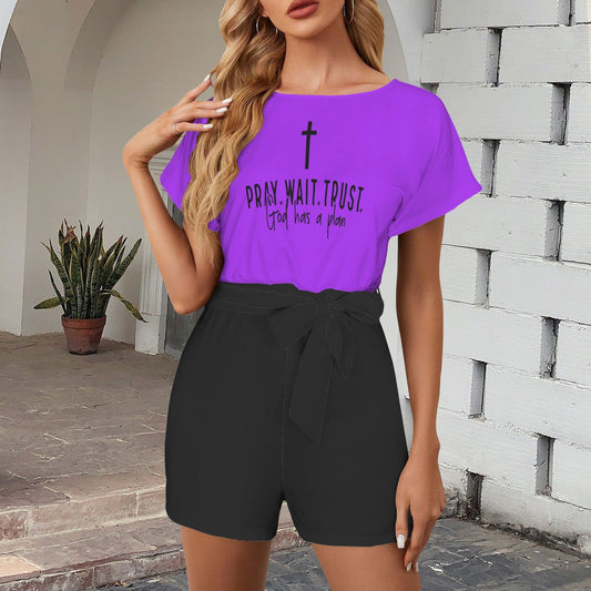 Pray Wait Trust God Has A Plan Christian Women's Belt Keyhole Back Short Sleeve Romper - ClaimedbyGodDesigns