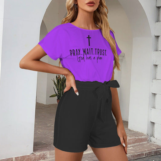Pray Wait Trust God Has A Plan Christian Women's Belt Keyhole Back Short Sleeve Romper - ClaimedbyGodDesigns