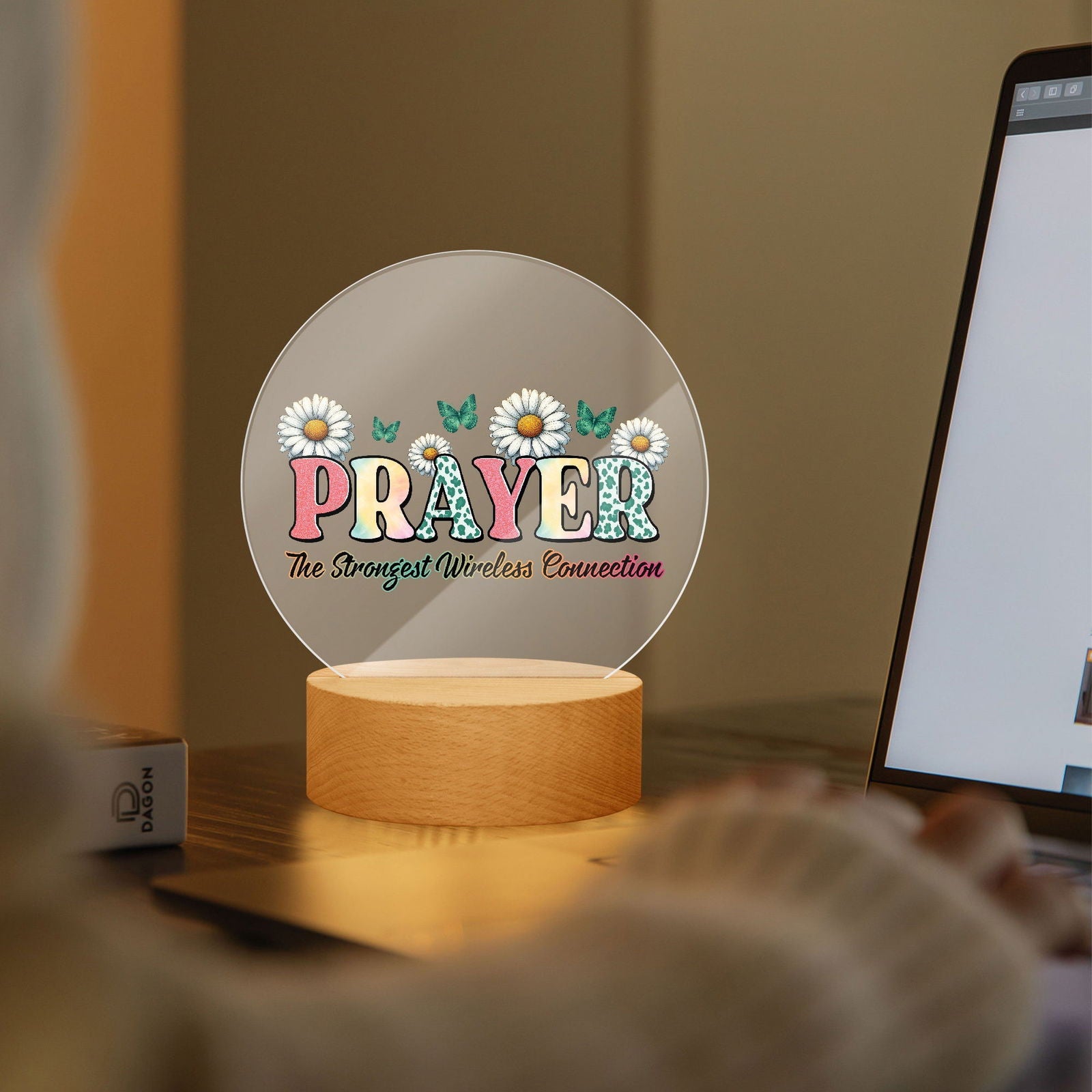Prayer The Strongest Wireless Connection Christian Acrylic Plaque with Stand - Round - ClaimedbyGodDesigns