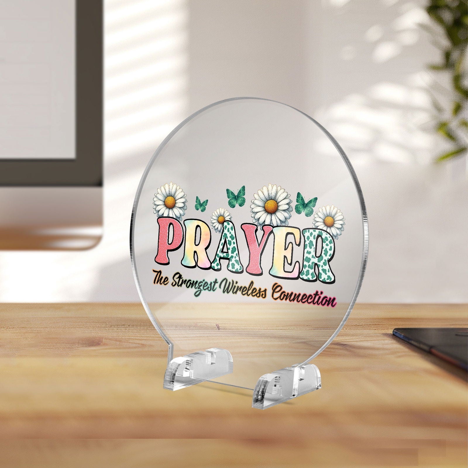 Prayer The Strongest Wireless Connection Christian Acrylic Plaque with Stand - Round - ClaimedbyGodDesigns