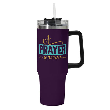 Prayer Warrior 40oz Stainless Steel Christian Tumbler Gift With Black Handle and Straw - ClaimedbyGodDesigns