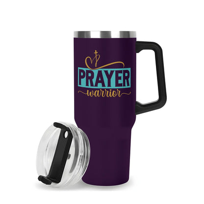 Prayer Warrior 40oz Stainless Steel Christian Tumbler Gift With Black Handle and Straw - ClaimedbyGodDesigns
