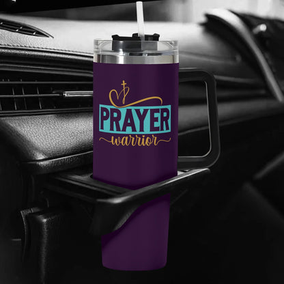 Prayer Warrior 40oz Stainless Steel Christian Tumbler Gift With Black Handle and Straw - ClaimedbyGodDesigns