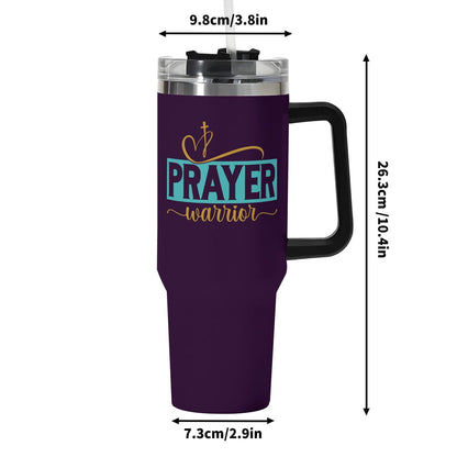 Prayer Warrior 40oz Stainless Steel Christian Tumbler Gift With Black Handle and Straw - ClaimedbyGodDesigns
