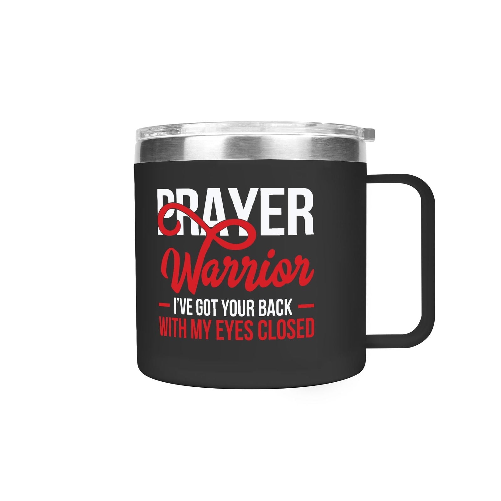 Prayer Warrior Christian 14oz Stainless Steel Coffee Mug Coffee Cup with Lid and Handle - ClaimedbyGodDesigns