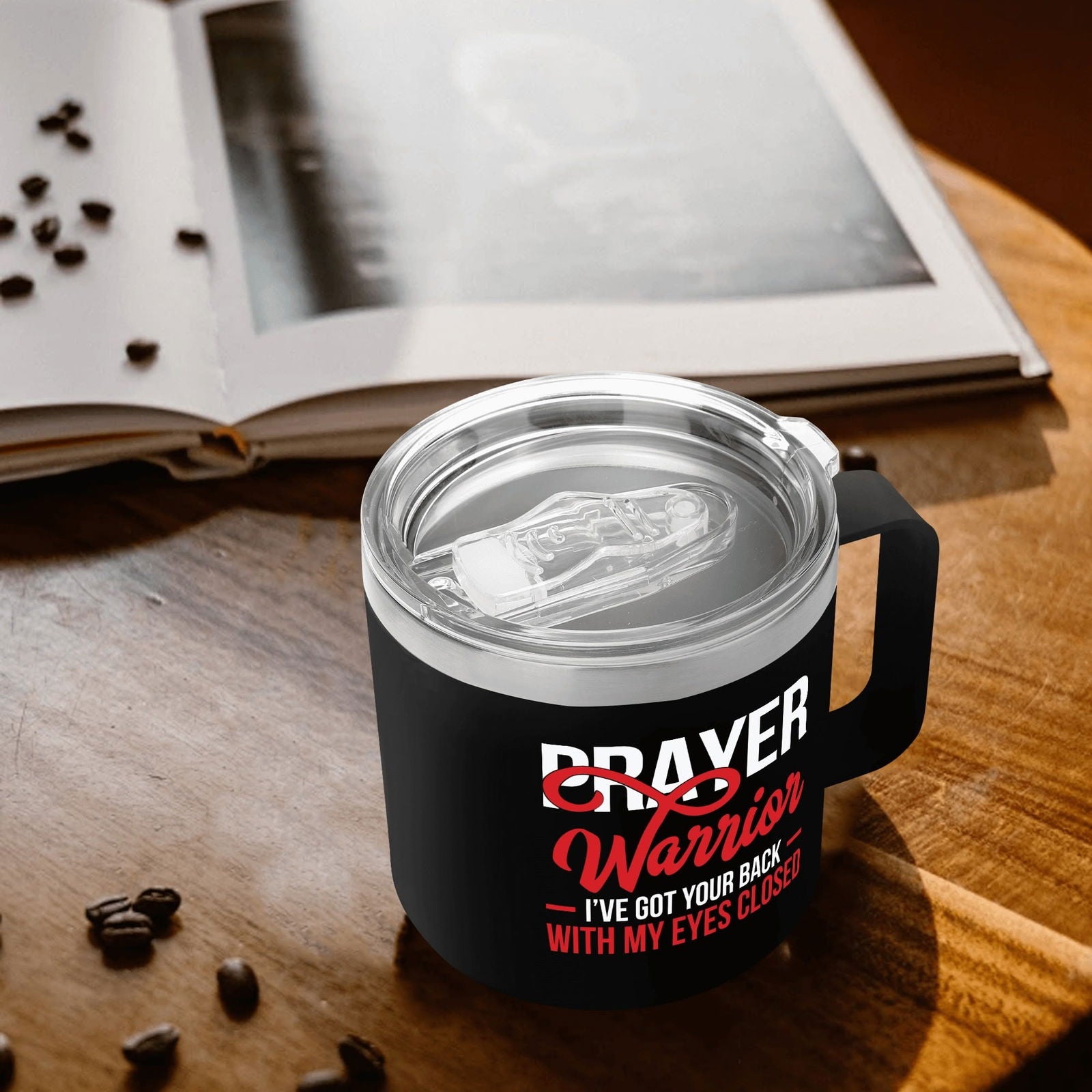 Prayer Warrior Christian 14oz Stainless Steel Coffee Mug Coffee Cup with Lid and Handle - ClaimedbyGodDesigns