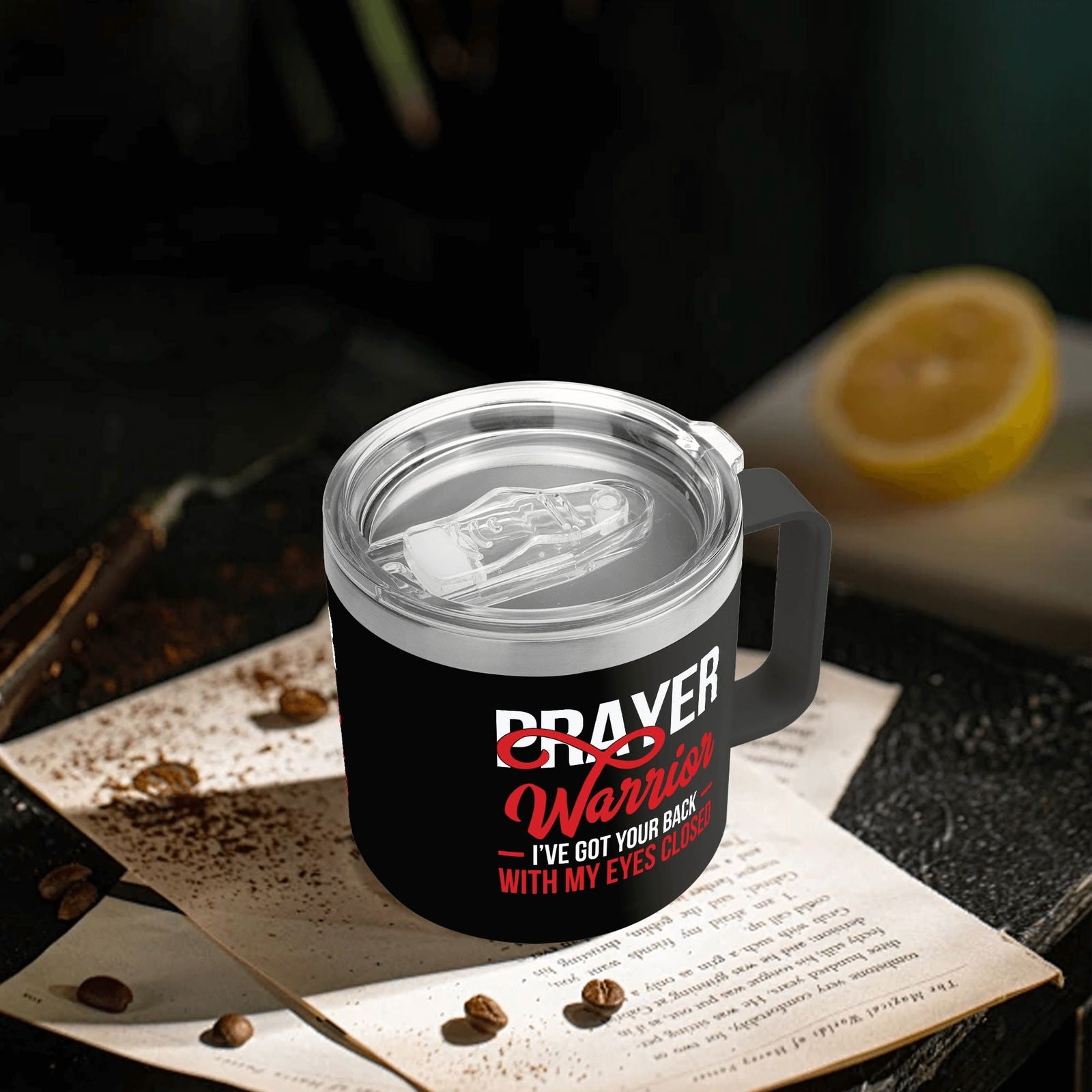 Prayer Warrior Christian 14oz Stainless Steel Coffee Mug Coffee Cup with Lid and Handle - ClaimedbyGodDesigns