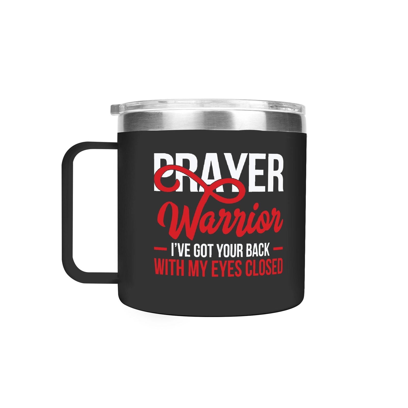 Prayer Warrior Christian 14oz Stainless Steel Coffee Mug Coffee Cup with Lid and Handle - ClaimedbyGodDesigns