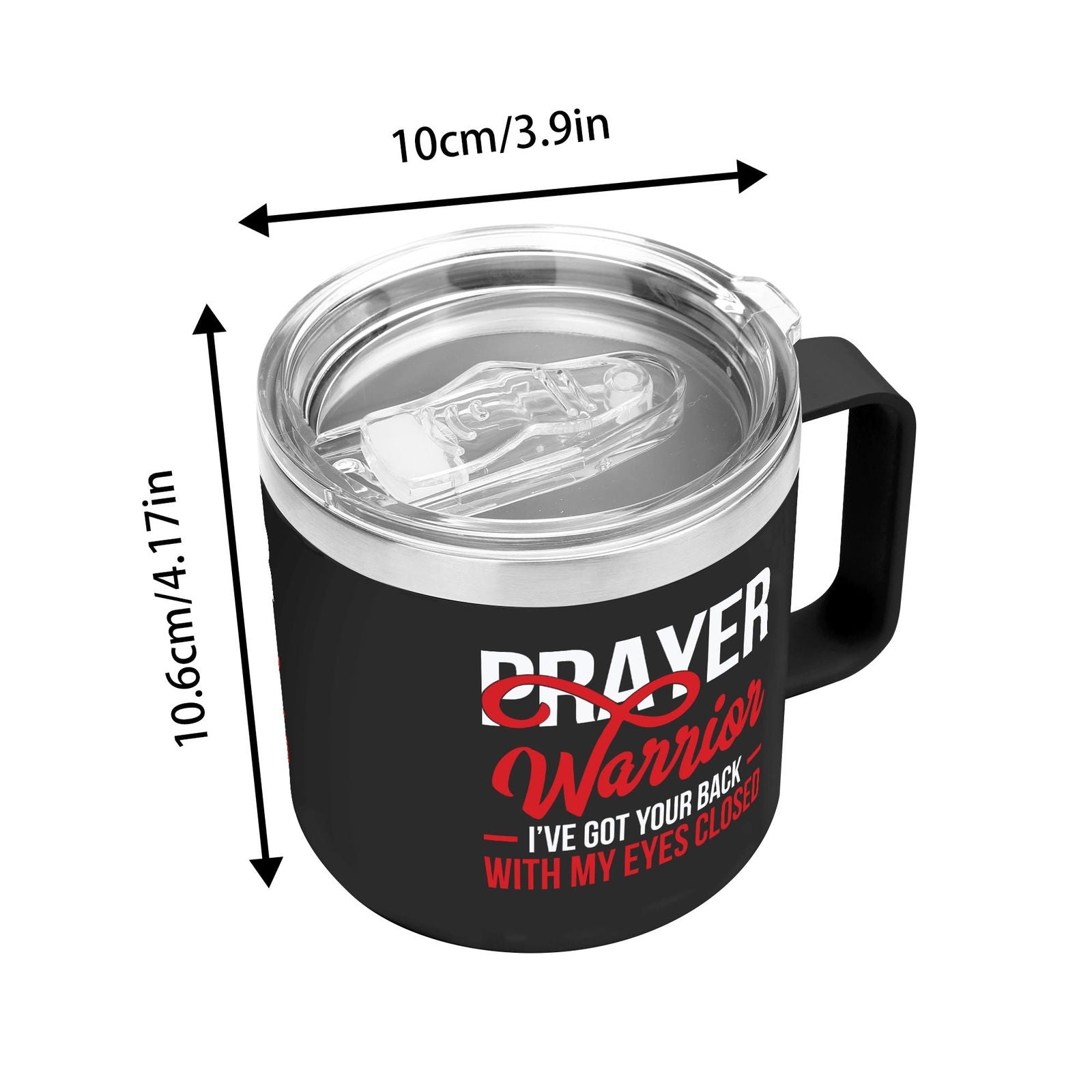 Prayer Warrior Christian 14oz Stainless Steel Coffee Mug Coffee Cup with Lid and Handle - ClaimedbyGodDesigns