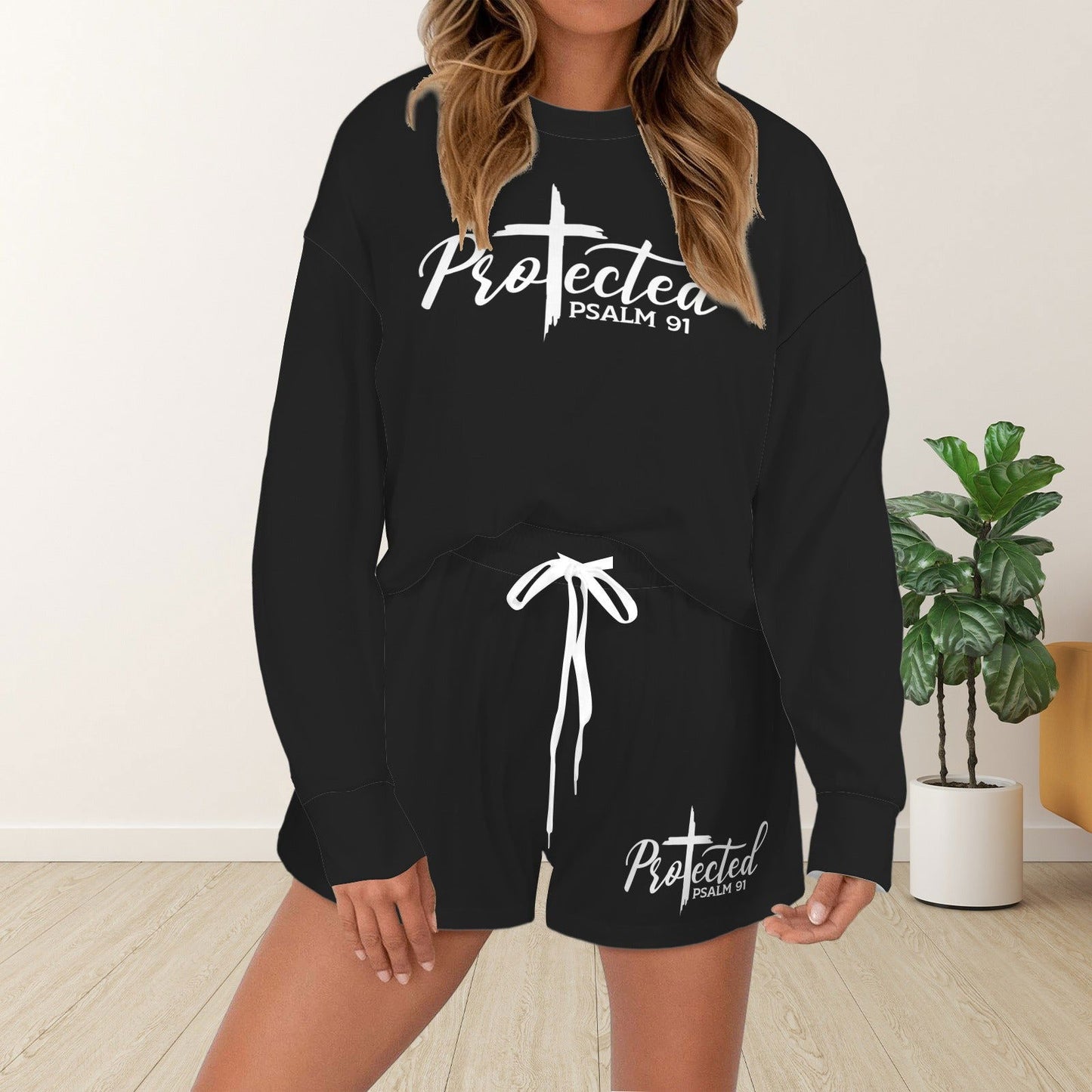 Protected Christian Women's Long Sleeve&Tether Shorts Pocket Pajama Set - ClaimedbyGodDesigns