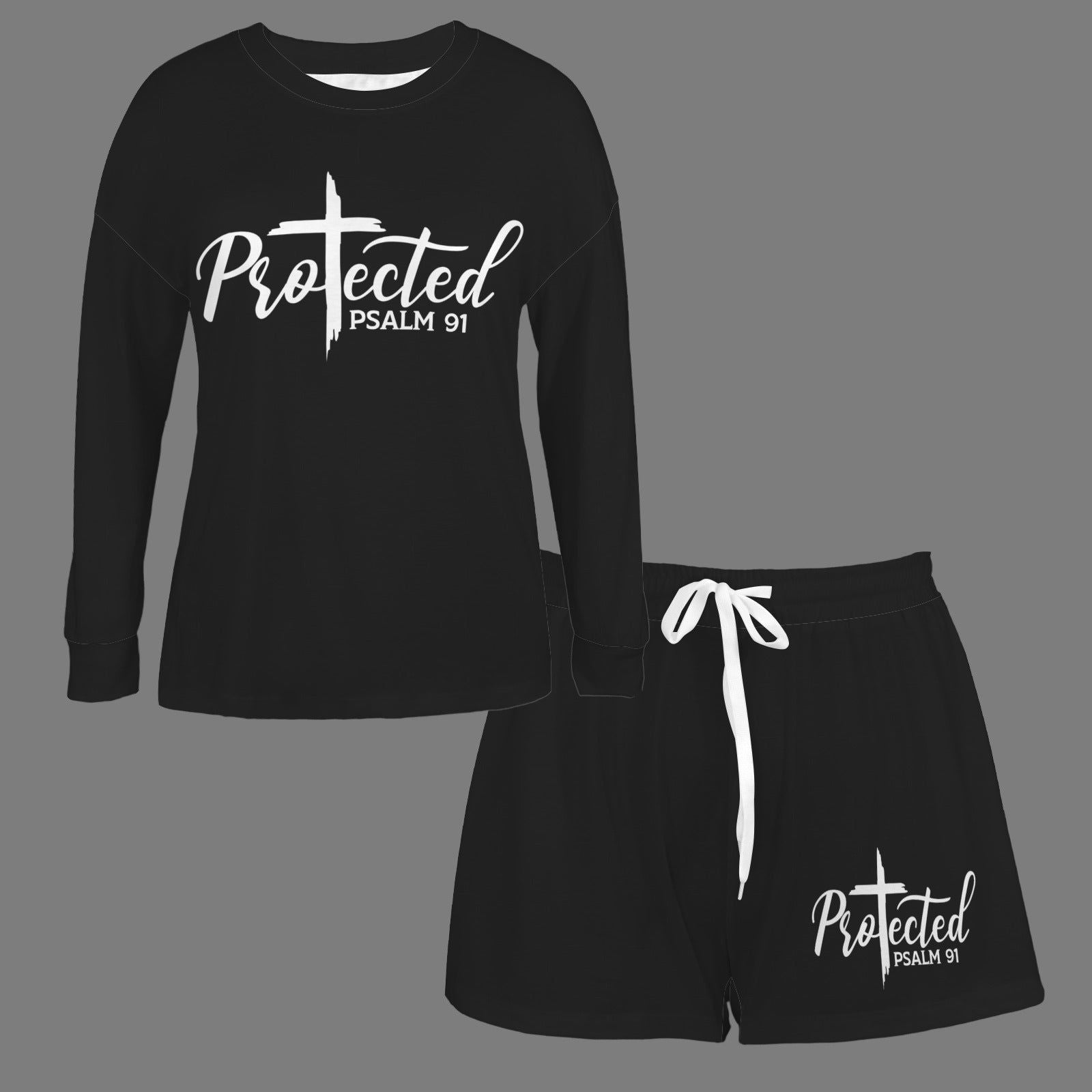 Protected Christian Women's Long Sleeve&Tether Shorts Pocket Pajama Set - ClaimedbyGodDesigns