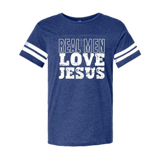 Real Men Love Jesus Men's Christian Football Fine Jersey T-shirt - ClaimedbyGodDesigns