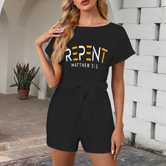 Repent Christian Women's Belt Keyhole Back Short Sleeve Romper - ClaimedbyGodDesigns