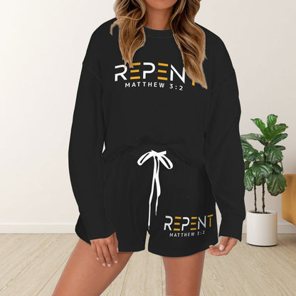 Repent Christian Women's Long Sleeve&Tether Shorts Pocket Pajama Set - ClaimedbyGodDesigns