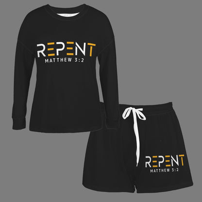 Repent Christian Women's Long Sleeve&Tether Shorts Pocket Pajama Set - ClaimedbyGodDesigns
