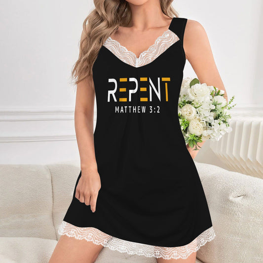 Repent Christian Women's V-Neck Lace Nightdress - ClaimedbyGodDesigns