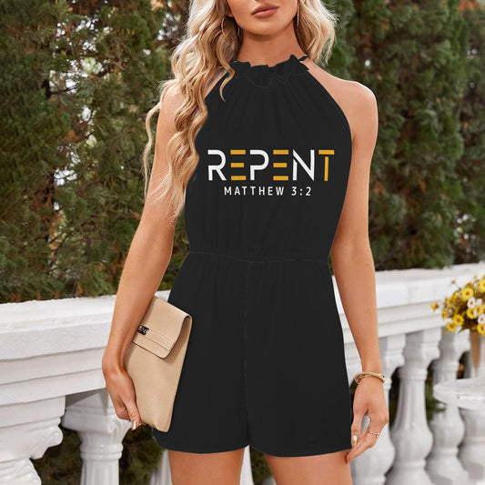 Repent  Halterneck High Waist Pocket Shorts Christian Romper - ClaimedbyGodDesigns