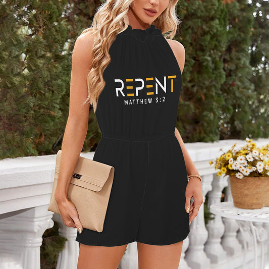 Repent  Halterneck High Waist Pocket Shorts Christian Romper - ClaimedbyGodDesigns