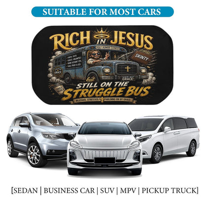 Rich In Jesus But Still On The Struggle Bus Christian Car Sunshade Umbrella - ClaimedbyGodDesigns