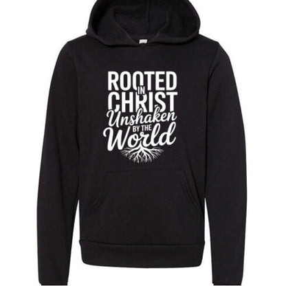 Rooted and Unshaken Youth Christian Sponge Fleece Pullover Hooded Sweatshirt - ClaimedbyGodDesigns