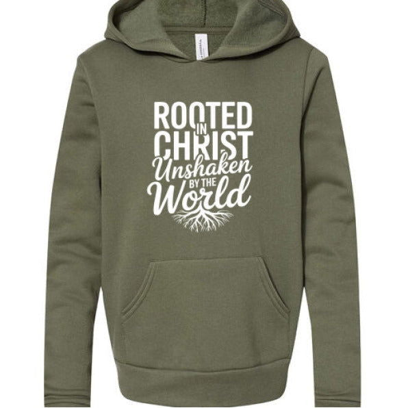 Rooted and Unshaken Youth Christian Sponge Fleece Pullover Hooded Sweatshirt - ClaimedbyGodDesigns