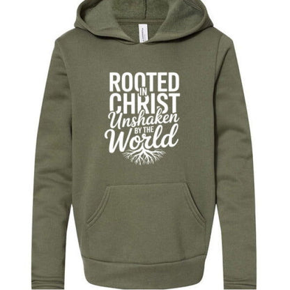 Rooted and Unshaken Youth Christian Sponge Fleece Pullover Hooded Sweatshirt - ClaimedbyGodDesigns