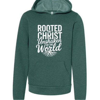 Rooted and Unshaken Youth Christian Sponge Fleece Pullover Hooded Sweatshirt - ClaimedbyGodDesigns