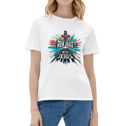 Run The Race With Jesus Womens Christian Gym T-shirt - ClaimedbyGodDesigns