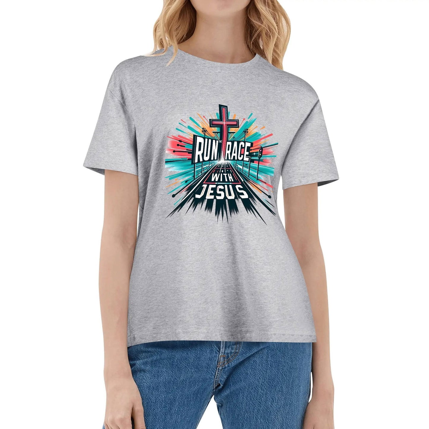 Run The Race With Jesus Womens Christian Gym T-shirt - ClaimedbyGodDesigns