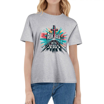 Run The Race With Jesus Womens Christian Gym T-shirt - ClaimedbyGodDesigns