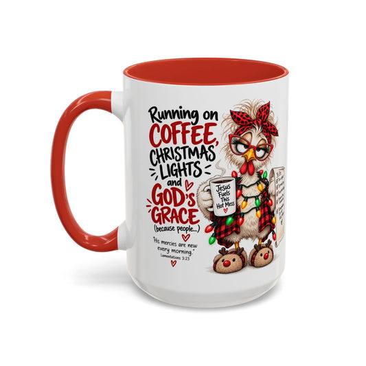 Running on Coffee, Christmas Lights and God’s Grace Christmas Mug - Claimed by God Designs