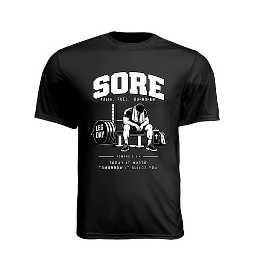 SORE Faith. Fuel. Ibuprofen. Unisex Christian Gym T-Shirt | Romans 5:3-4 - Claimed by God Designs