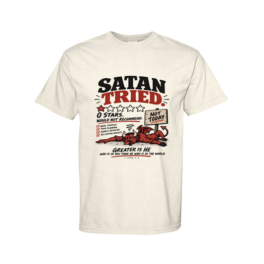 Satan Tried Zero Stars Would Not Recommend Funny Christian T-Shirt - ClaimedbyGodDesigns