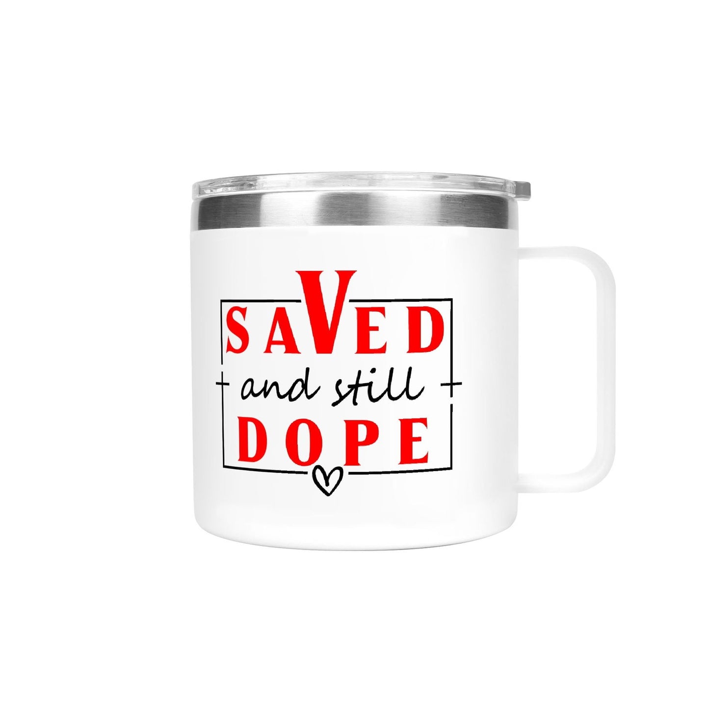 Saved And Dope Christian 14oz Stainless Steel Coffee Mug Coffee Cup with Lid and Handle - ClaimedbyGodDesigns