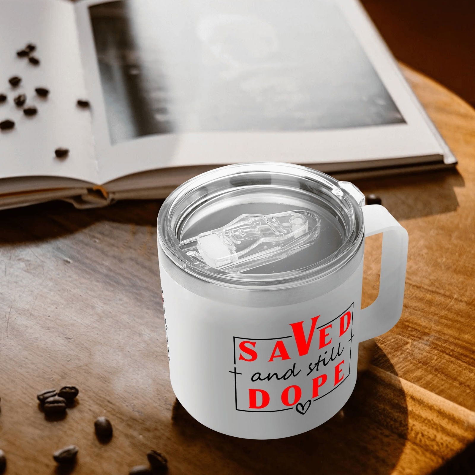 Saved And Dope Christian 14oz Stainless Steel Coffee Mug Coffee Cup with Lid and Handle - ClaimedbyGodDesigns