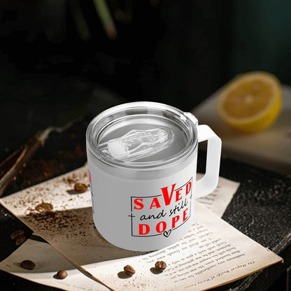 Saved And Dope Christian 14oz Stainless Steel Coffee Mug Coffee Cup with Lid and Handle - ClaimedbyGodDesigns