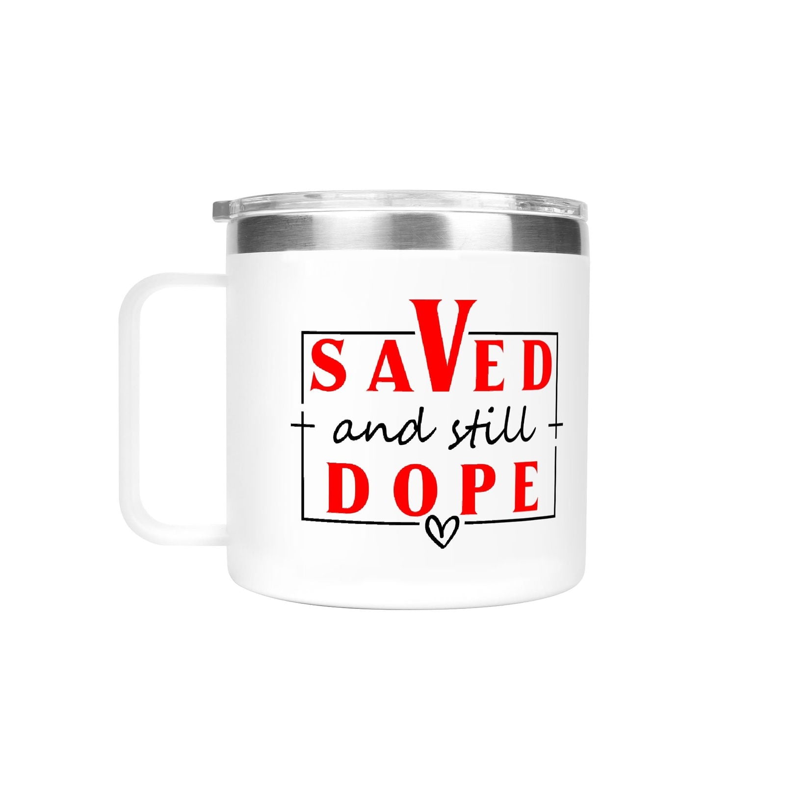 Saved And Dope Christian 14oz Stainless Steel Coffee Mug Coffee Cup with Lid and Handle - ClaimedbyGodDesigns
