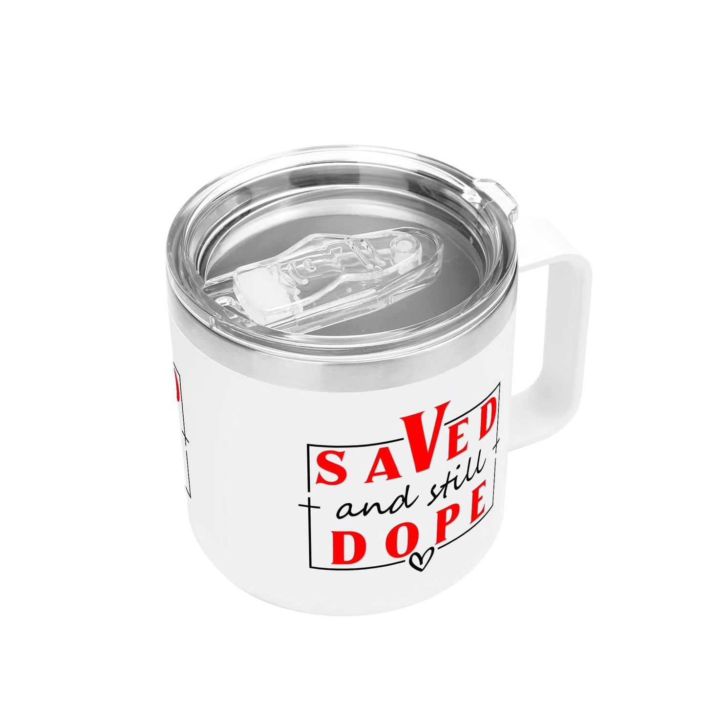Saved And Dope Christian 14oz Stainless Steel Coffee Mug Coffee Cup with Lid and Handle - ClaimedbyGodDesigns